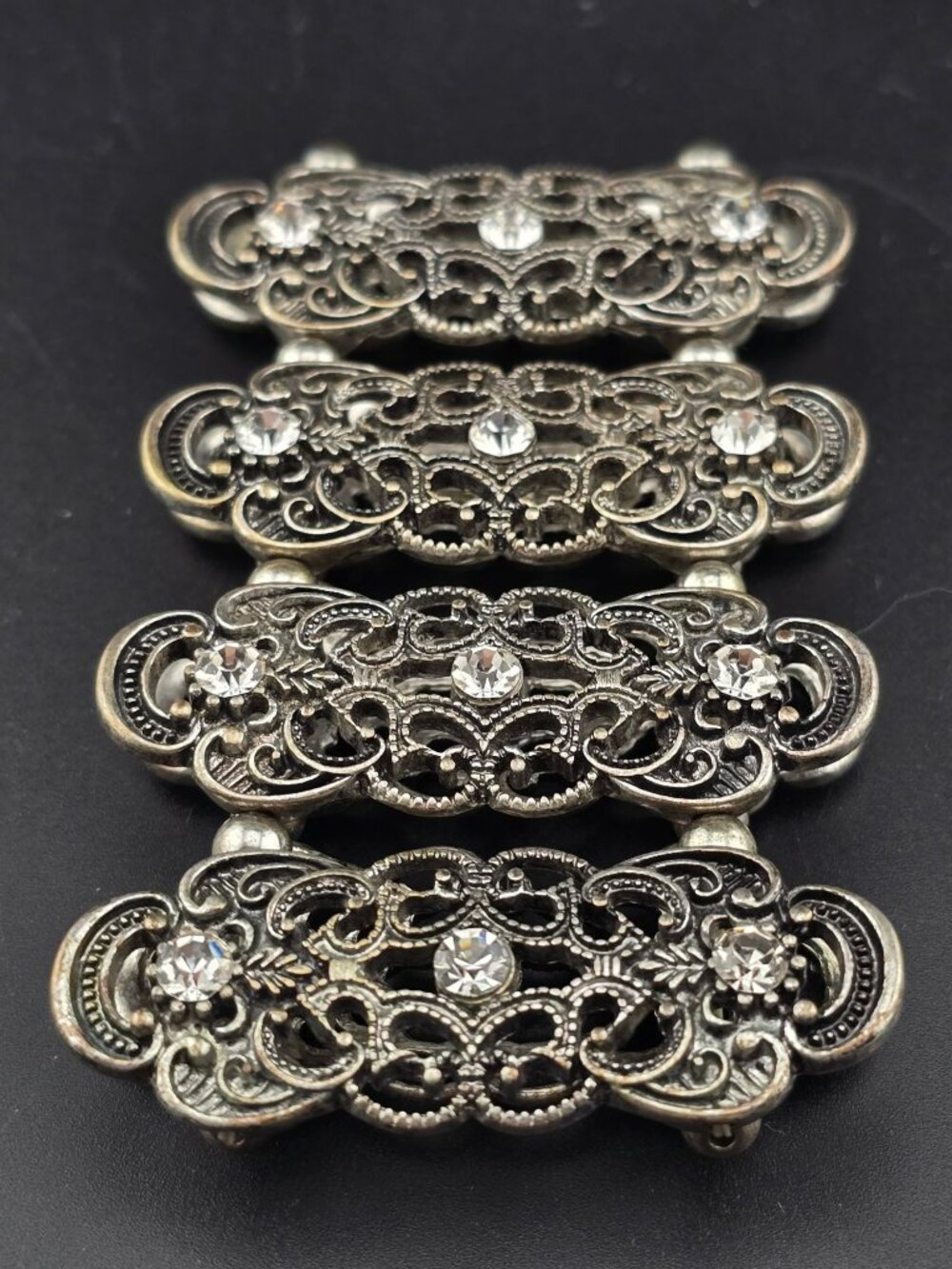 Gold and silver tone filigree Stretch Bracelet Rhinestone 6.25"- larger - Picture 5 of 8